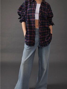 Navy Plaid Button-Up Shirt with Red & Cream Stripes